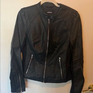 Express Women's Dark Leather Jacket with Zipper Accents